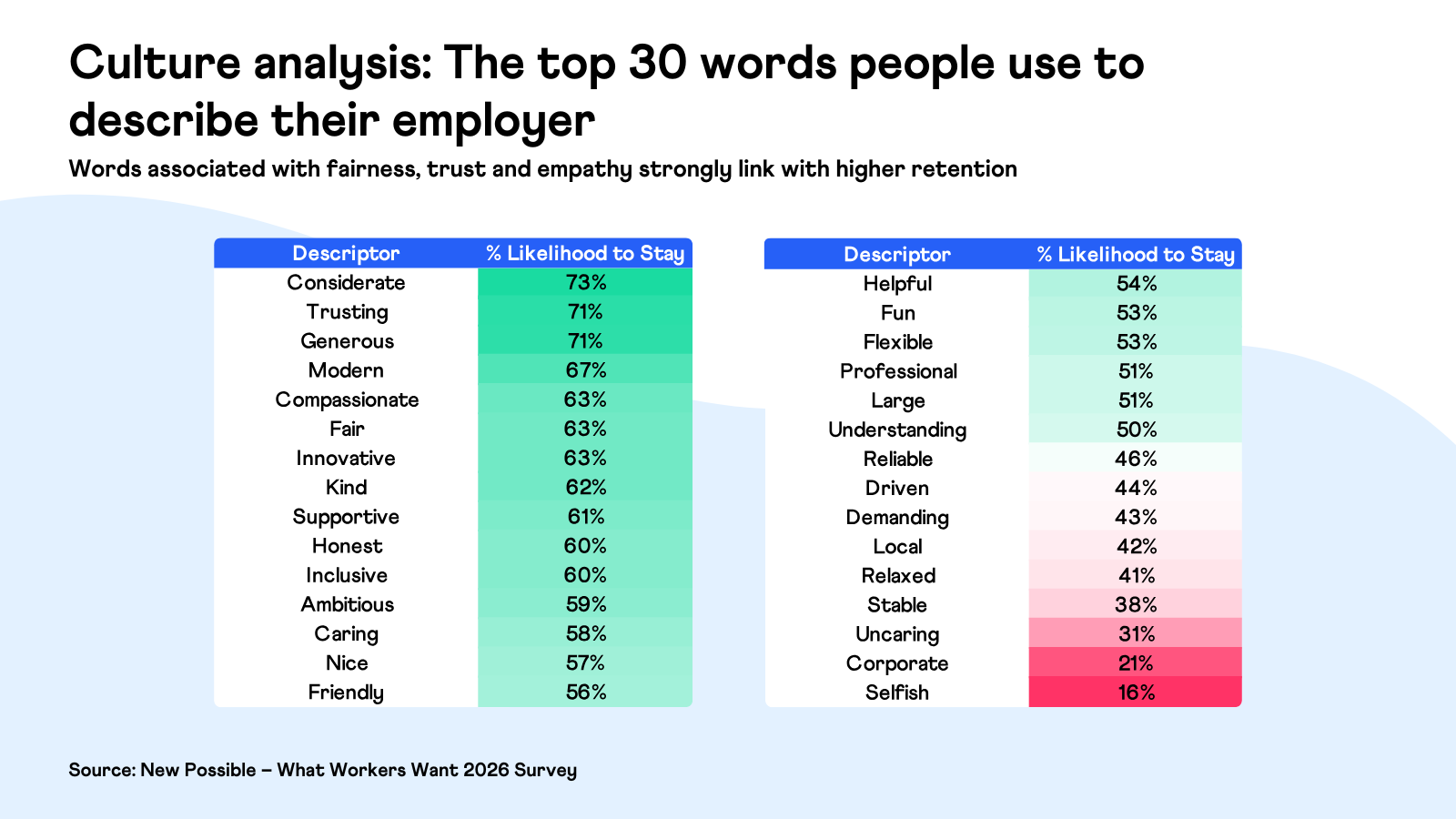 Culture analysis - Top 30 words used to describe employers - (What Workers Want 2026 - New Possible)